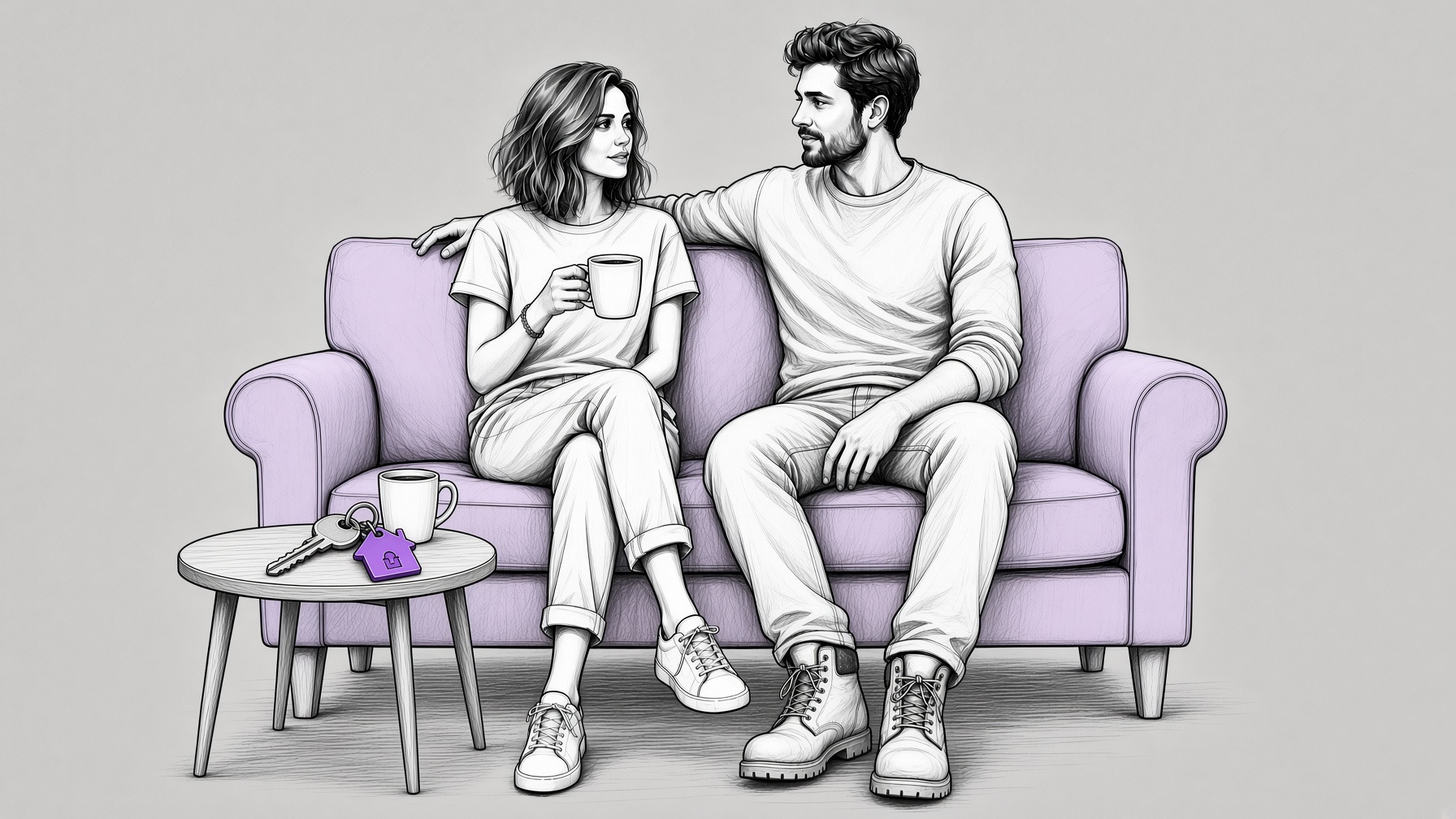 Couple sitting together at home with house keys on the table