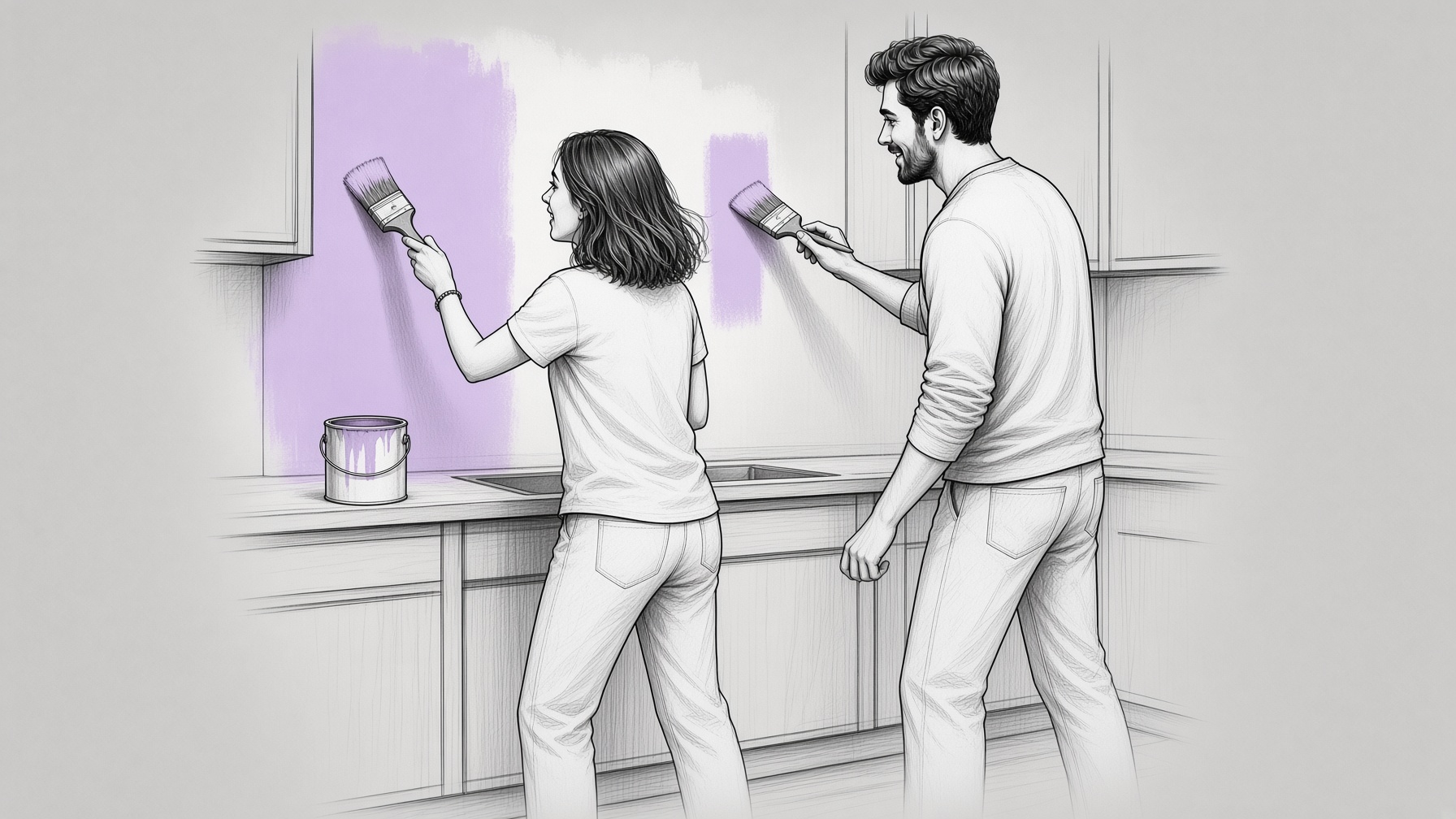 A couple painting their kitchen during a home improvement project