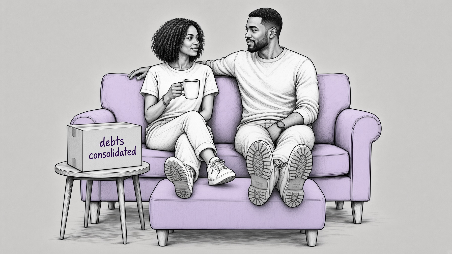 A couple sitting on a sofa beside a box labelled debts consolidated