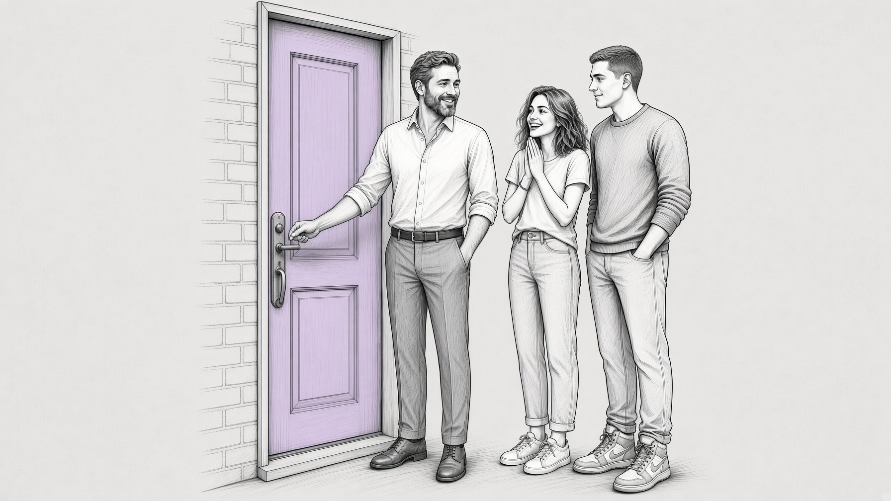 Illustration of a landlord welcoming a couple to a rental property