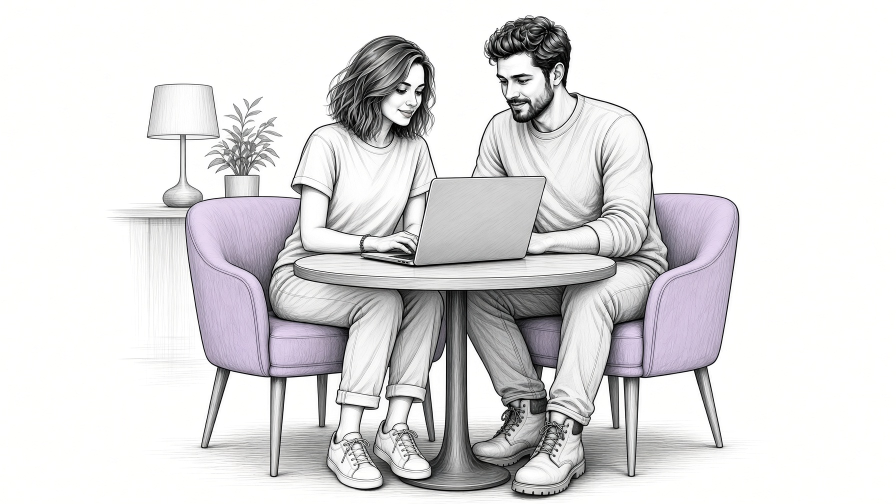 Illustration of a couple checking mortgage rates together on a laptop
