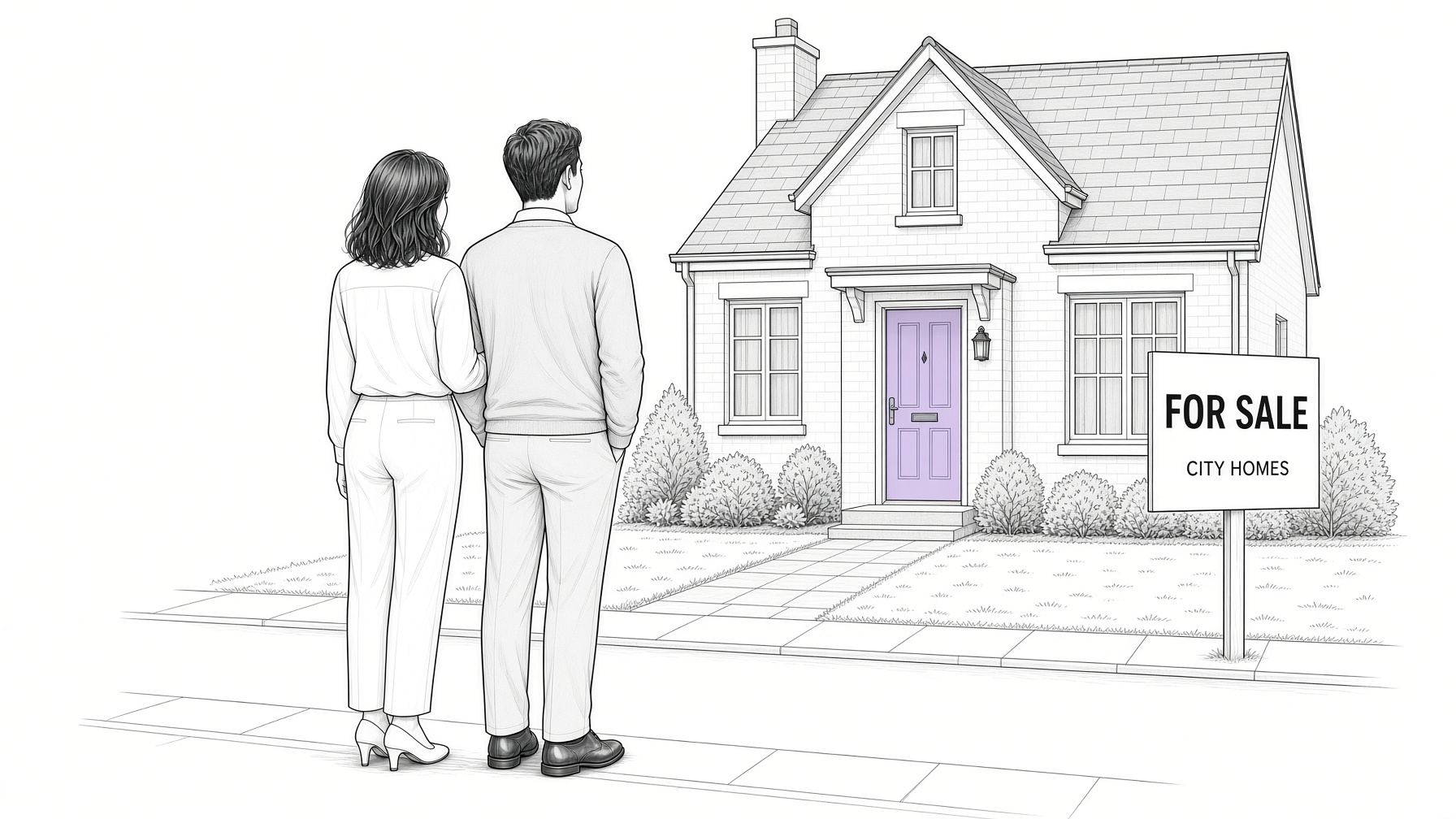 Illustration of a couple looking at a house for sale with a purple front door