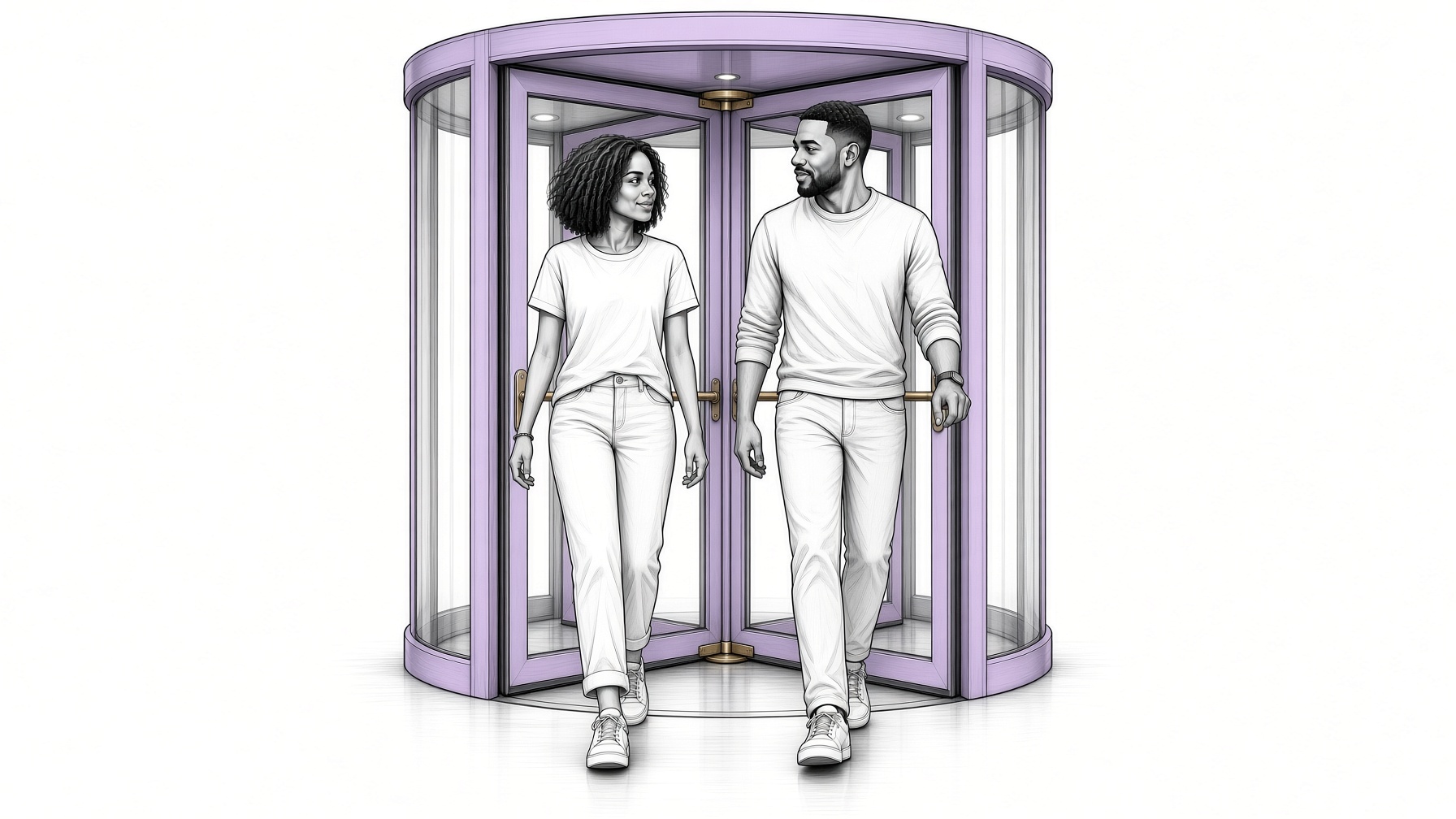 Illustration of a couple stepping through a purple revolving door