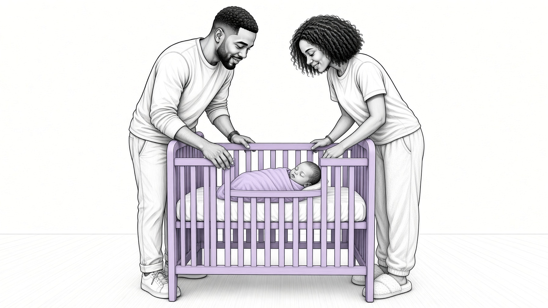 Parents looking at their baby sleeping in a purple cot