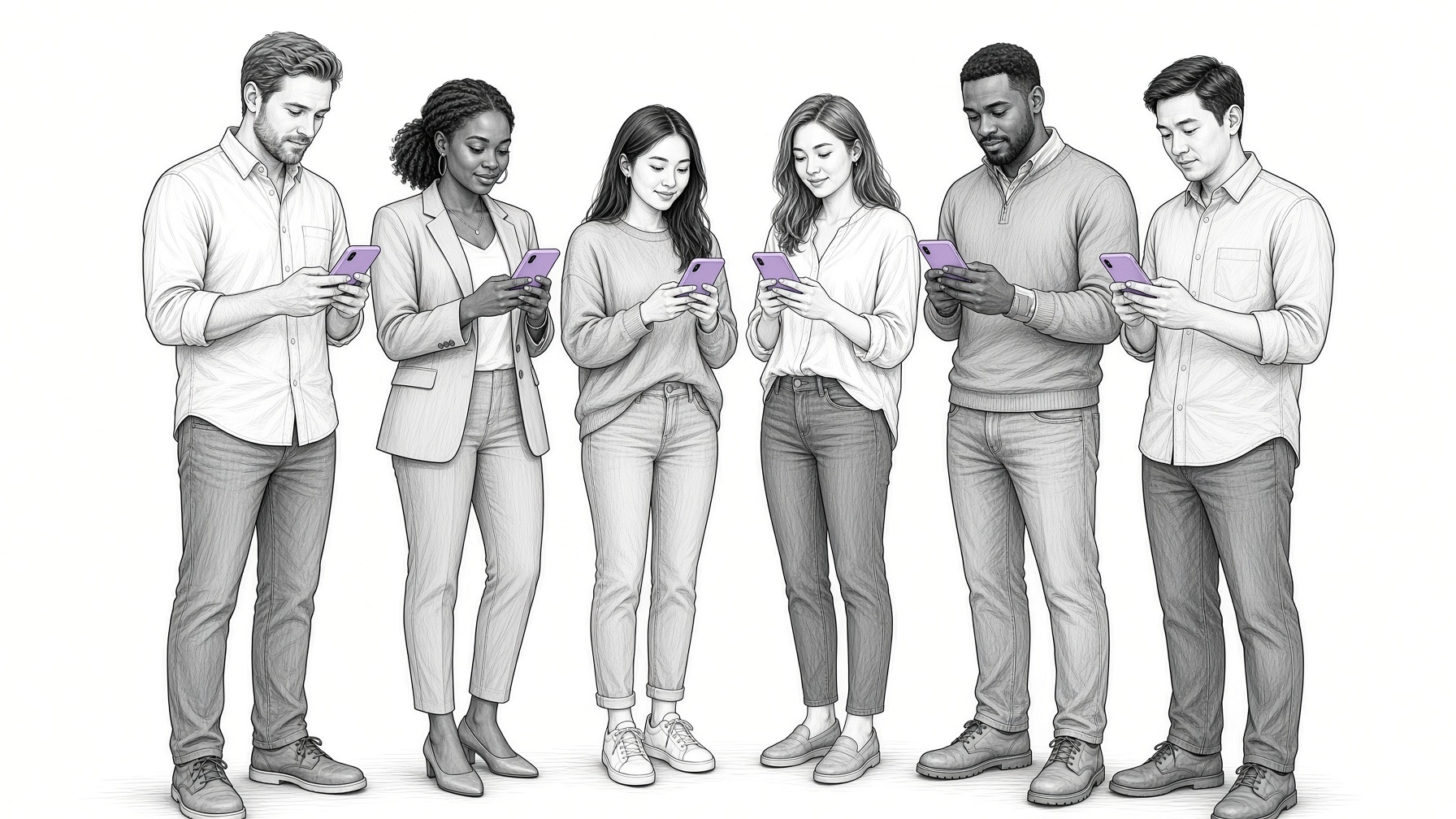 Illustration of six people reading reviews on their phones