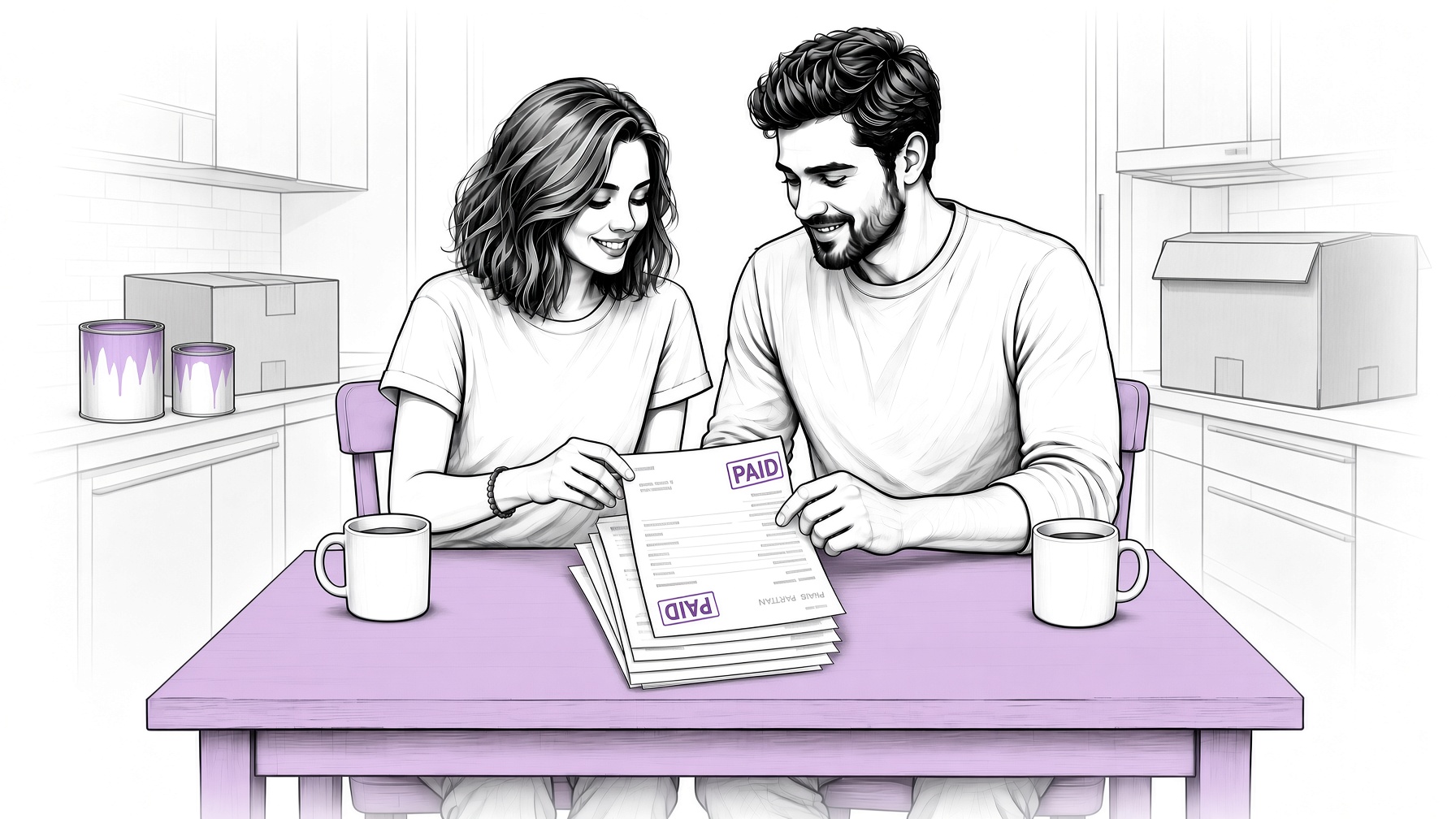 A couple in their kitchen reviewing paid bills